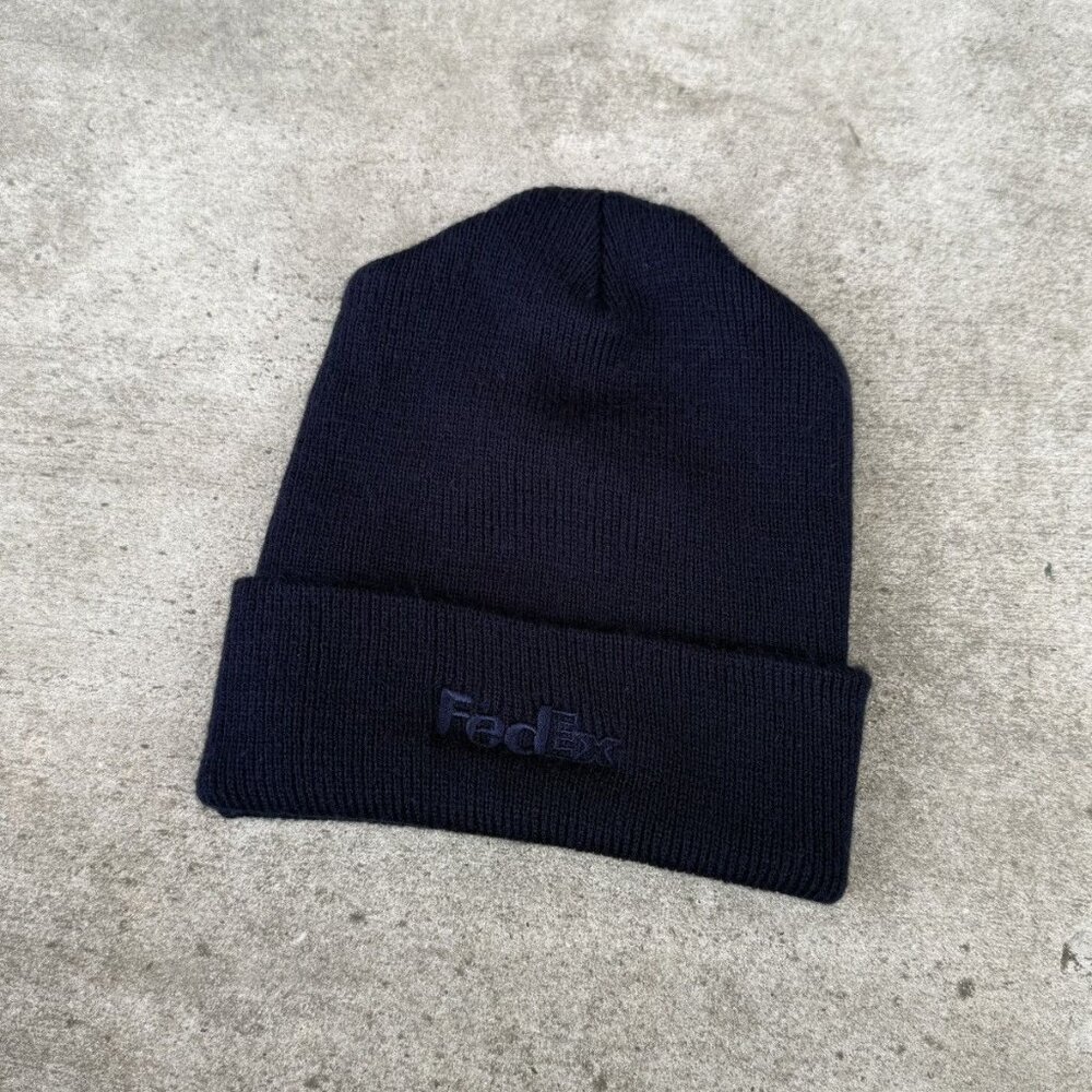 FedEx Knit Beanie Hat Navy Blue Cuffed Embroidered Logo Acrylic